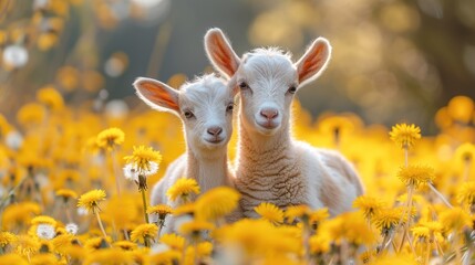 Mother and baby cute Goat standing among dandelion flowers - obrazy, fototapety, plakaty