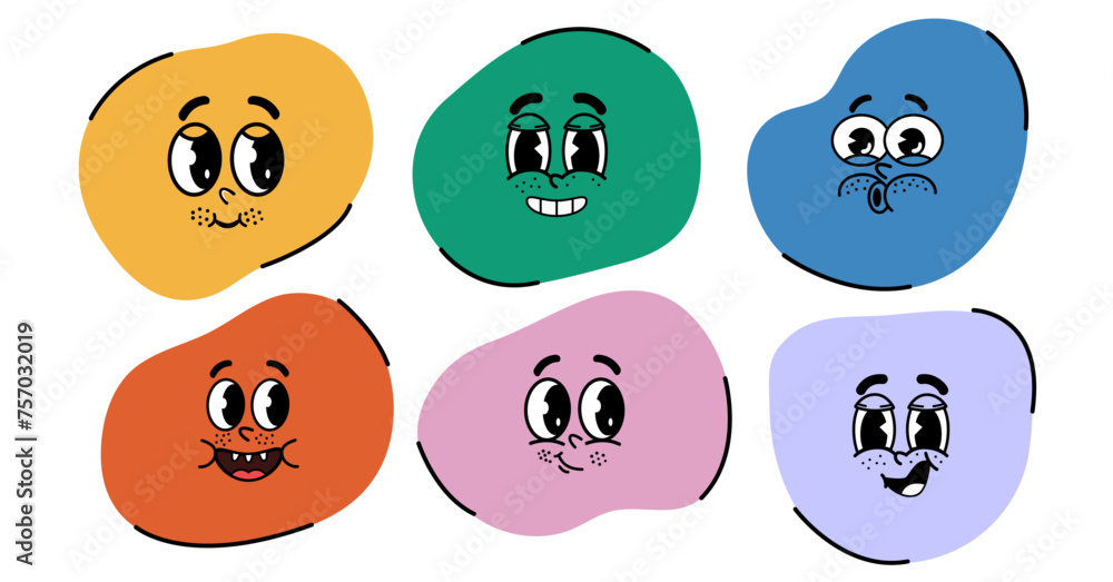 Poster set of characters with faces and expressions in groovy style. icon vector illustration. y2k design. 