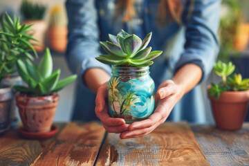 Female hands holding planted succulents in painted and decorated jars. Home gardening. Eco friendly concept.