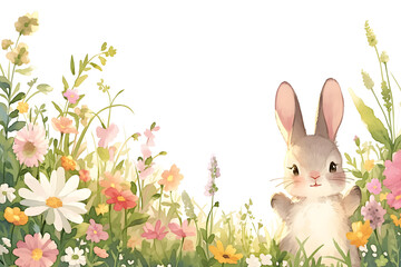 Naklejka na ściany i meble Easter Bunny in a joyful spring scene with flowers, grass on white background, creating a cute and festive holiday illustration, Watercolor Easter background with copy space.
