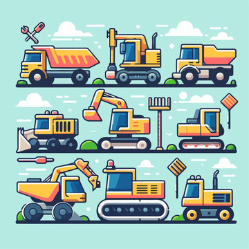 Illustration of construction heavy machinery vehicles. flat and minimalist design.