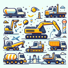 Collection of construction heavy machinery vehicles. flat and minimalist design. Funny childish nowaday vector stickers