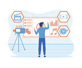 Motion design studio. Freelancer Designer, animator, storyteller creating motion graphic content. Multimedia content, video post production, footage editing. flat vector modern illustration