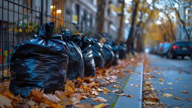 A row of black garbage bags placed on a sidewalk 
