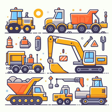 Collection of construction heavy machinery vehicles. flat  design style
