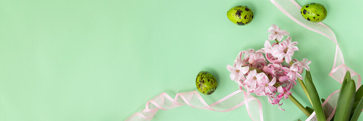 banner of green quail eggs and pink hyacinth flowers, with pink ribbon on pastel green colors. Happy Easter concept. Easter background. Top view. copy space