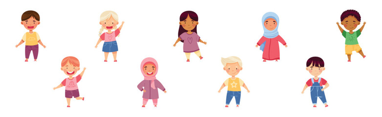 Happy Multiethnic Children Stand and Smiling Vector Set