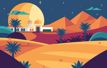 Flat Design Illustration of Islamic Mosque with Pyramid in Arabian Desert at Night