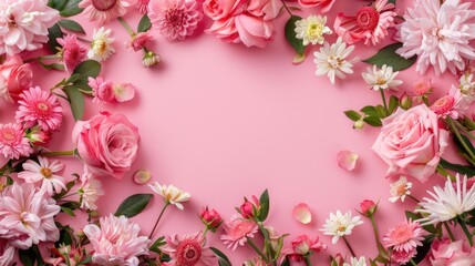 Various spring flowers creating frame with large copy space on a pink background.