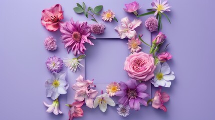 Floral frame in the shape of a heart on a purple background.