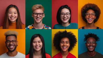 Collage of cheerful people with different ethnicities. Female and male faces on colorful backgrounds