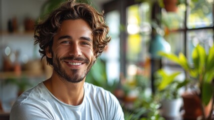 Portrait of a smiling young man with curly hair in a casual white t-shirt