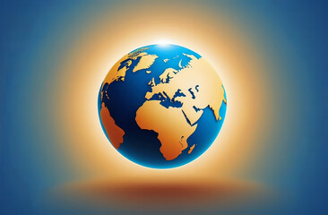 Blue and gold globe on blue background symbolizing world under Sunlight