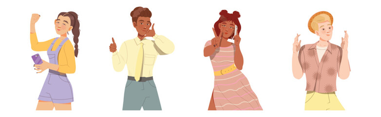 People Character Showing Positive Hand Gesture and Sign Vector Set
