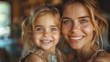 Close-up portrait of a smiling woman and child with daisies.