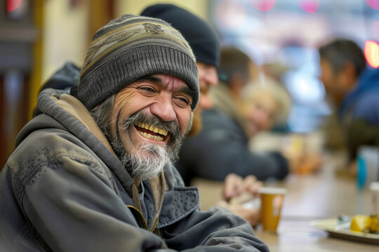 Joyful old homeless man laughs at dinner in soup house portrait. Senior vagrant finds free food and shelter in dosshouse. Charity work