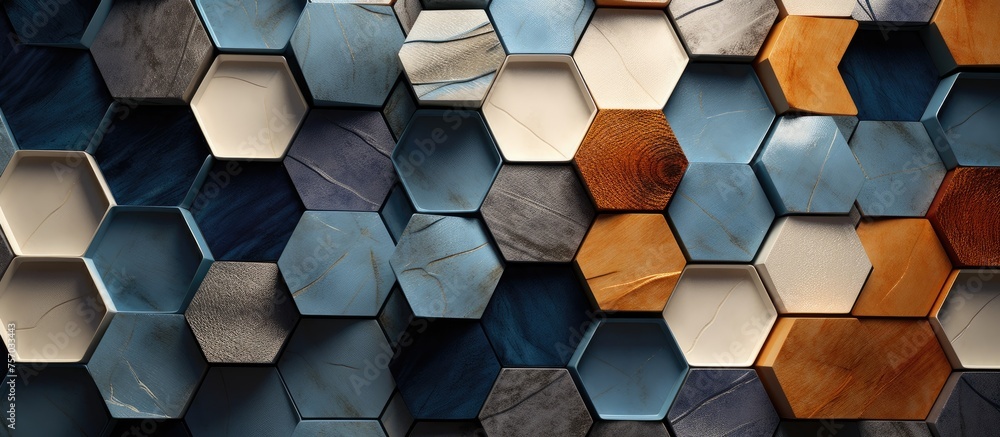 Poster a close up of a wall made of hexagonal tiles in electric blue. the tiles form a symmetrical pattern,
