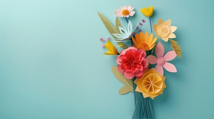 Handcrafted paper flowers on a blue background.