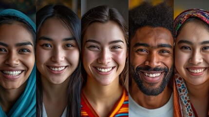 Fototapeta premium Collage of cheerful female and male faces with different ethnicities.