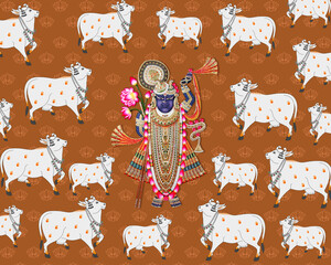 illustration of Shreenathji (Shree Krishna) with pichwai cow pattern , lotus pattern on brown background - pichwai wallpaper for interior decoration 