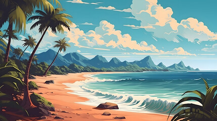 beautiful beach scenery illustration - obrazy, fototapety, plakaty