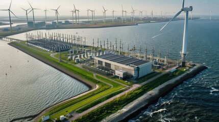 Offshore wind farm with turbines and substation.