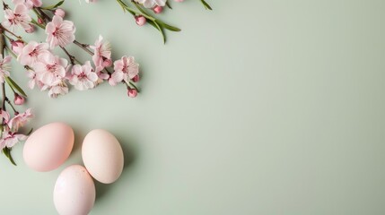 Decorated Easter eggs among pink cherry blossoms on pastel green background.