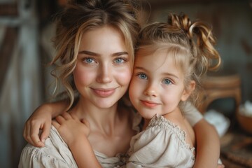 Portrait of two sisters embracing in a cozy home environment. Family and love concept with copy space