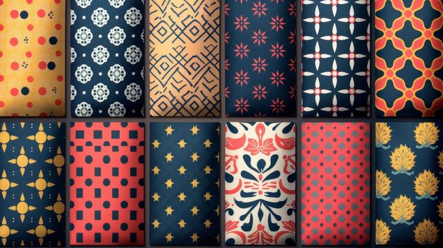 A set of nine different colored patterns