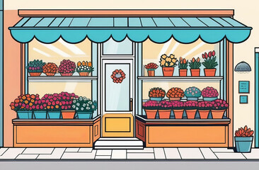Illustration of a flower shop with potted plants in front of a colorful facade