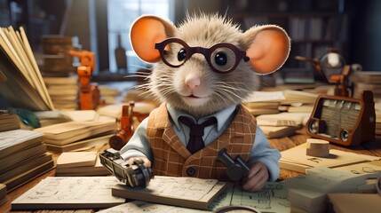 A mouse wearing glasses and a vest sits at a desk with a gun in his hand - obrazy, fototapety, plakaty