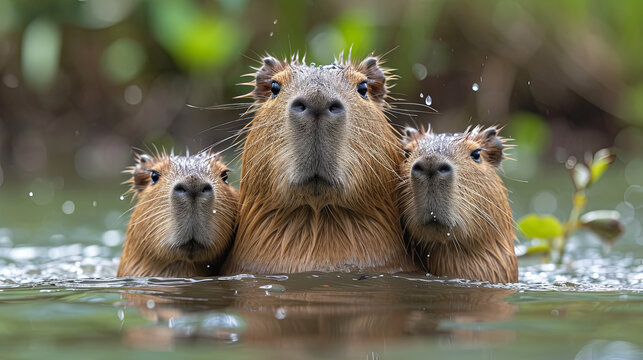 Family ogf three capybara enjoying a refreshing dip in the river