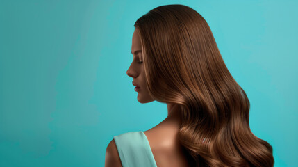A woman in profile showcases her glossy chestnut hair cascading in soft waves, set against a refreshing turquoise backdrop. - obrazy, fototapety, plakaty