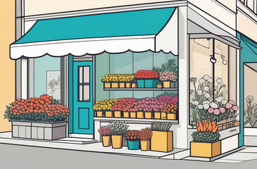 Illustration of flower shop with blue awning, window, and plant display