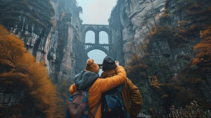 Joyful Pair Capturing Selfie Moment Against the Majestic Background of Three Natural Bridges, China.