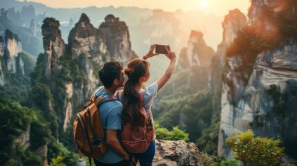 Joyful Pair Capturing Selfie Moment Against the Majestic Background of Three Natural Bridges, China. - obrazy, fototapety, plakaty