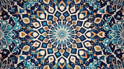Intricate blue and beige mandala pattern design.