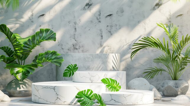 Abstract rock podium pedestal on green background mockup. Luxury marble platform for product beauty display concept. Nature 3D render beauty cosmetic stage scene with green plants, leaves and shadows.
