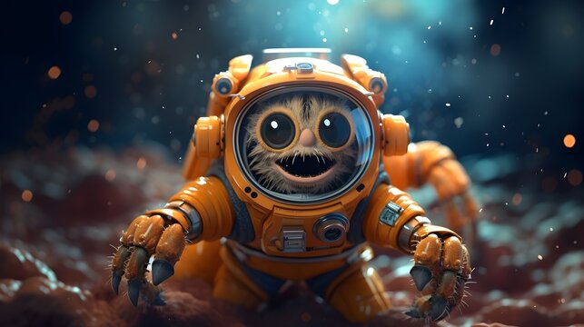 A Cartoonish Orange Astronaut Is Wearing A Space Suit And Is Smiling