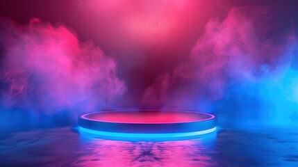 Fototapeta na wymiar Podium background for promotional products surrounded by smoke fog mist cloud. Colorful neon lights. Empty studio scene for product advertising. Vibrant colors 3D render of display platform.