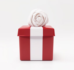 Red Present Gift Box with Beautiful White Bow like Rose isolated on white background. Realistic Photo for Holiday, anniversary or Illustration of Bonus.