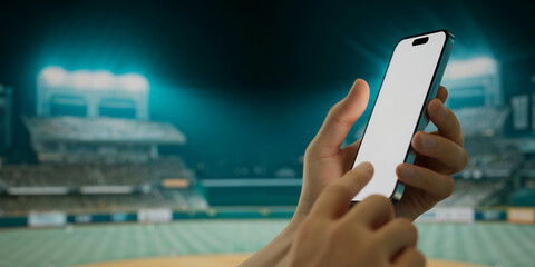 A hand holds a smartphone with a green screen at a baseball stadium - 757034468