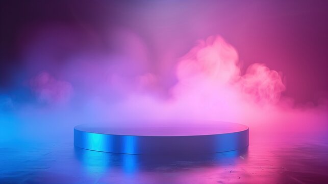 Podium background for promotional products surrounded by smoke fog mist cloud. Colorful neon lights. Empty studio scene for product advertising. Vibrant colors 3D render of display platform.