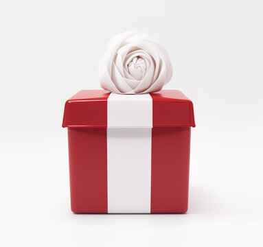 recommend clip art: Red Present Gift Box with Beautiful White Bow like Rose isolated on white background. Realistic Photo for Holiday, anniversary or Illustration of Bonus.