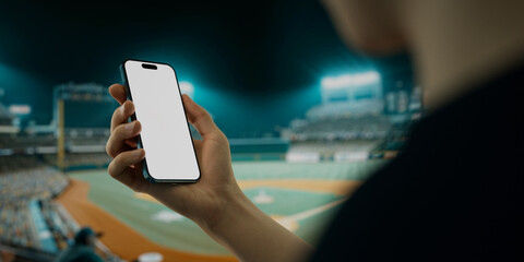 A hand holds a smartphone with a green screen at a baseball stadium