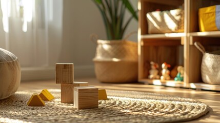 Wooden blocks on a colorful carpet in a room with toys in the background.