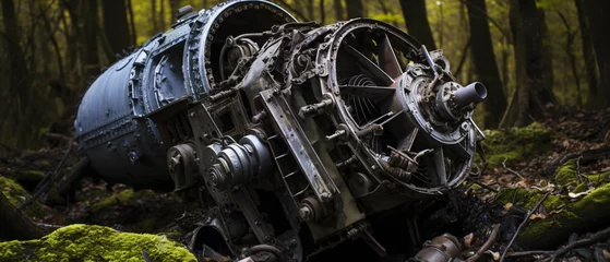 Photo sur Plexiglas Ancien avion Disassembled Soviet plane engine in graveyard.
