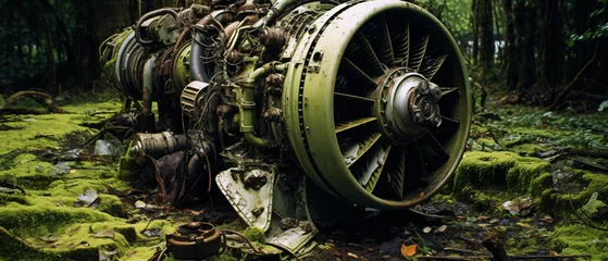 Papier Peint photo Ancien avion Disassembled Soviet plane engine in graveyard.