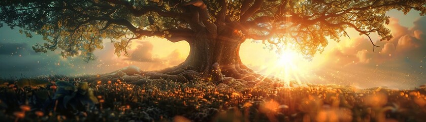 Ancient Tree with Majestic Branches Overlooking a Luminous Field at Golden Hour