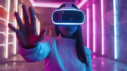 Woman touching air in VR glasses. Metaverse future technology concept. Girl with virtual reality game.